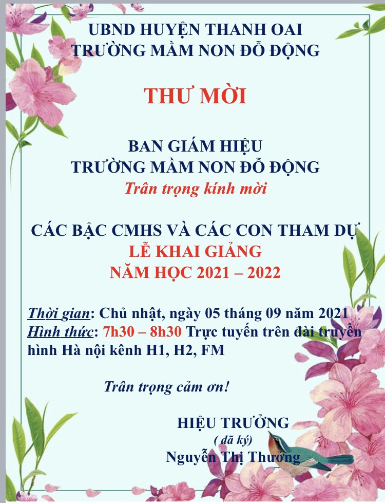 THƯ MỜI DỰ KHAI GIẢNG NĂM HỌC 2021-2022