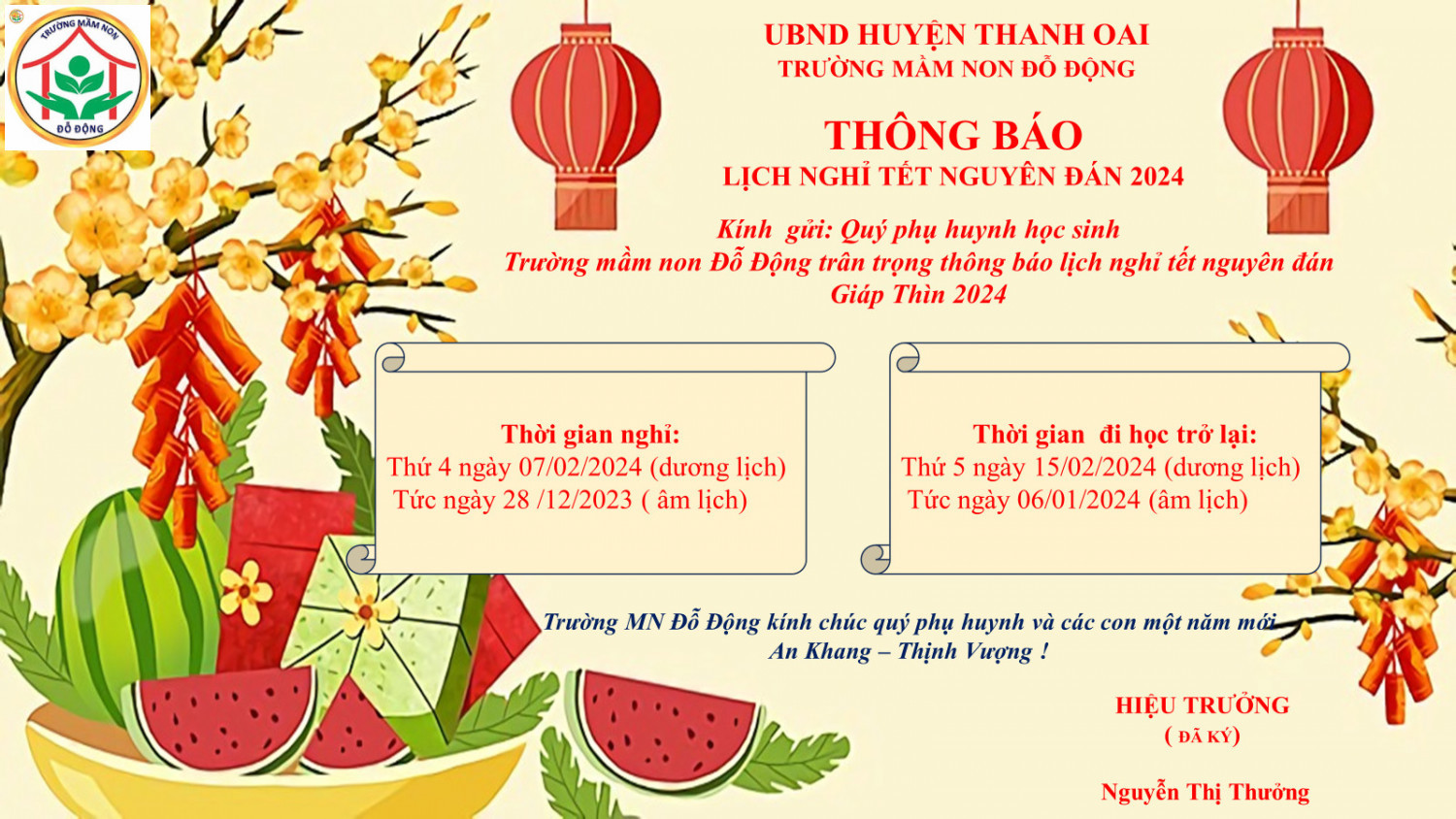 Thông báo lịch nghỉ tết Giáp Thìn 2024